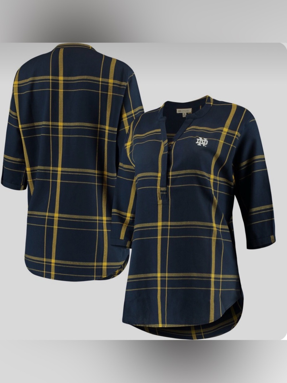 UG Apparel Women's Notre Dame Fighting Irish cotton navy/gold plaid tunic.